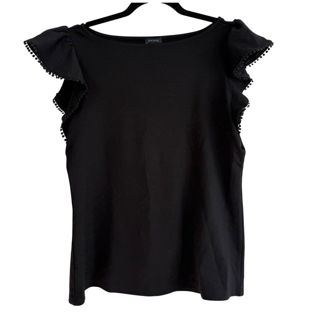 Ann Taylor Black Knit Blouse Ruffle Pom Pom Trim Sleeves Coquette Small Coquette